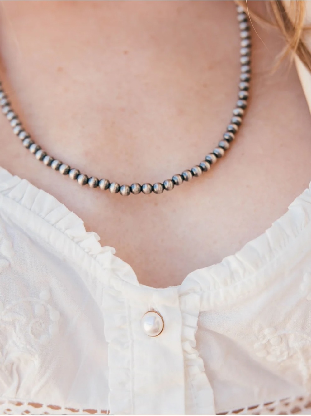 Navajo Pearl Sterling Silver Beaded Necklace - Timeless Women's Jewelry - Picture 2 of 5